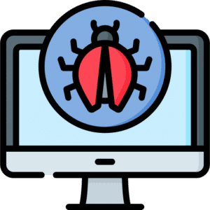 Computer with virus icon.