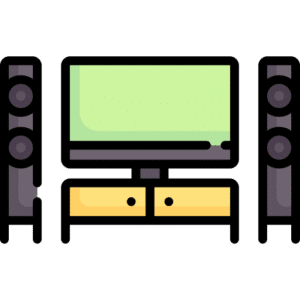 Home theater including TV flanked by two floor-standing speakers.