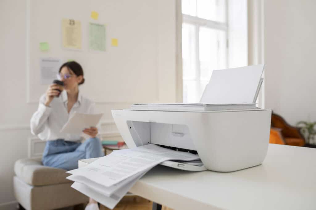 A woman sips coffee in the background while a printer prints a long document of many pages.