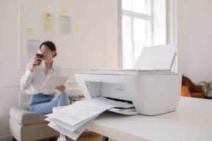 A woman sitting in a home office holding documents while a wireless printer prints multiple pages, representing professional printer repair and installation.