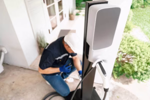 Technician installing a home EV charger on a residential property with a visible charging cable and unit.