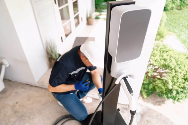Qualified technician install home EV charging station. Synchronos Technician installing a home EV charger on a residential property with a visible charging cable and unit.