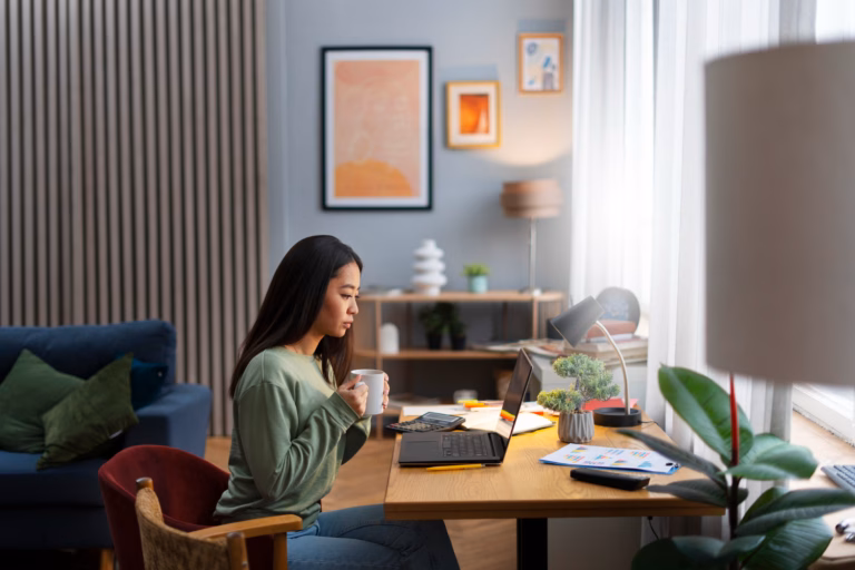 Woman working on a laptop at home with a coffee mug, seated at a desk in a modern, cozy home office setup.