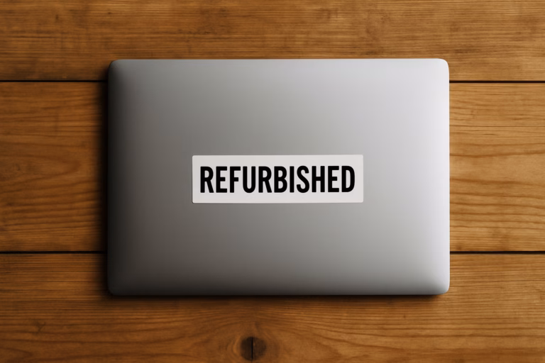 Overhead flat lay of a closed silver laptop with a clearly labeled refurbished sticker on a wooden desk, photographed in natural lighting.