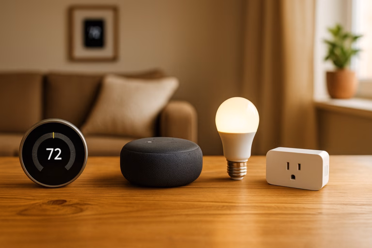 Affordable smart home setup with a smart speaker, plug, bulb, and thermostat on a wooden surface in natural light