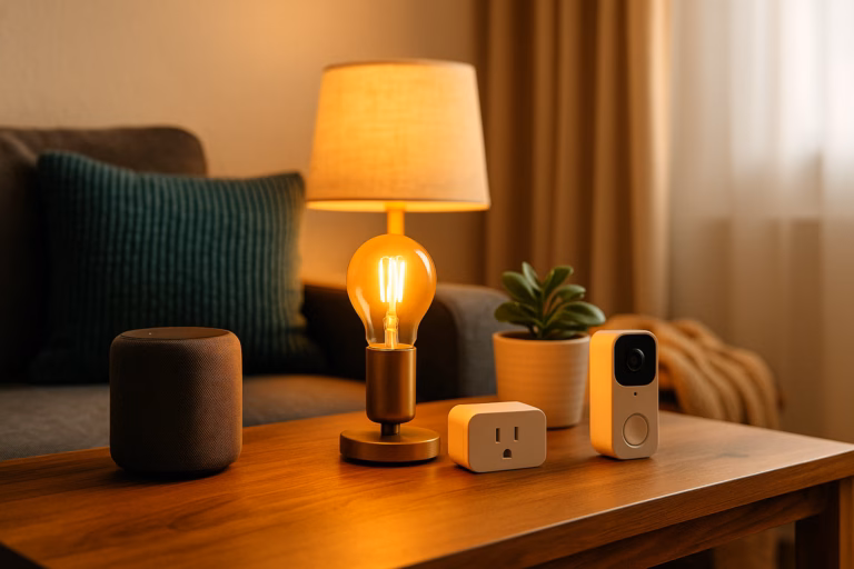 Cozy living room with smart speaker, smart light, and plug-in devices — ideal for renters