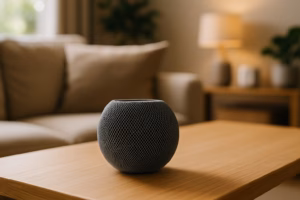 A HomePod Mini sitting on a wooden table with a blurred cozy living room in the background, illuminated by natural daylight.