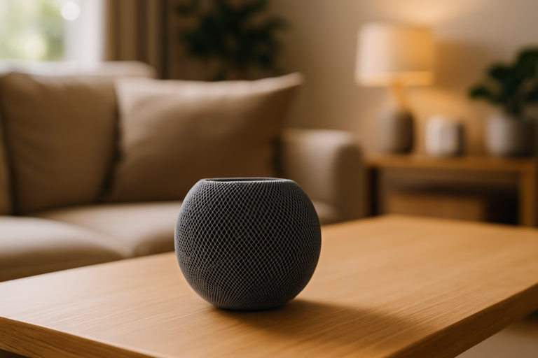 A HomePod Mini sitting on a wooden table with a blurred cozy living room in the background, illuminated by natural daylight.