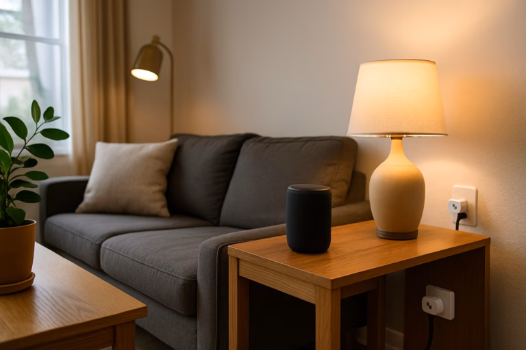 A cozy living room with smart speaker, smart light, and plug-in smart devices — ideal for first-time smart home users.