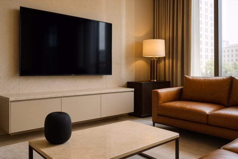 A modern luxury living room featuring a premium smart speaker on a marble coffee table and a luxury smart TV mounted on the wall.