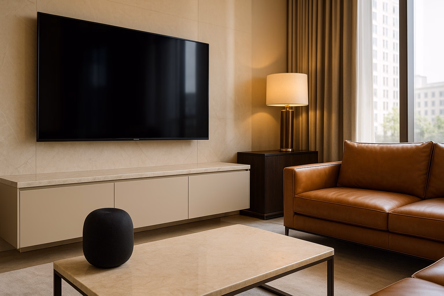 A modern luxury living room featuring a premium smart speaker on a marble coffee table and a luxury smart TV mounted on the wall.