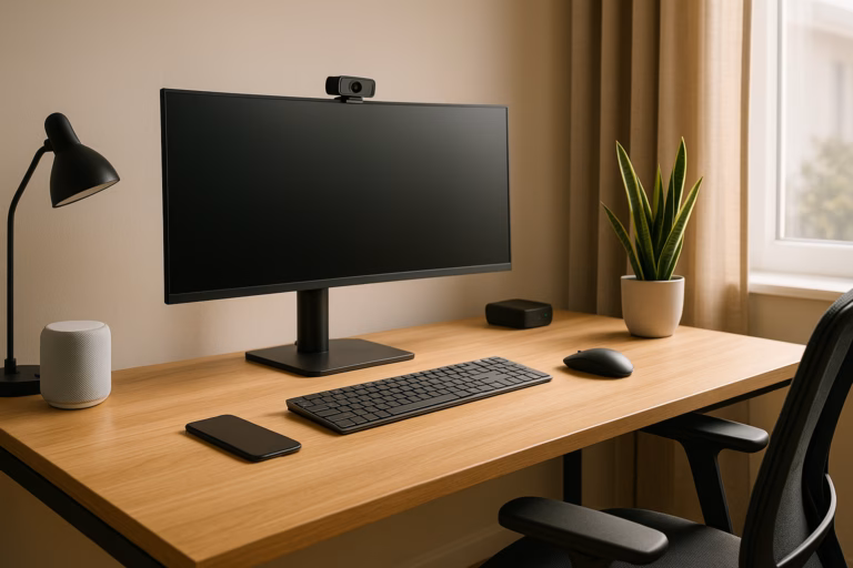 A modern home office featuring an ultrawide monitor, standing desk, ergonomic chair, wireless keyboard, smartphone, and natural daylight