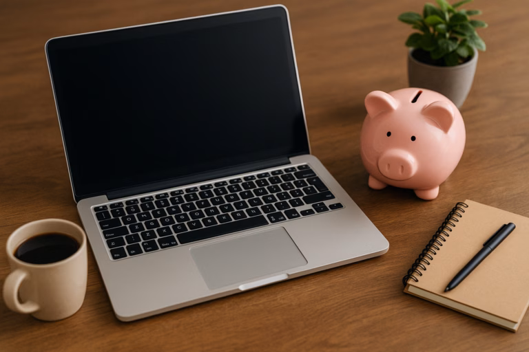 A silver laptop and a pink piggy bank on a wooden desk, symbolizing budget-friendly tech choices for students and everyday users.