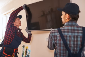 Two professional installers working together to mount a flat-screen TV on a living room wall