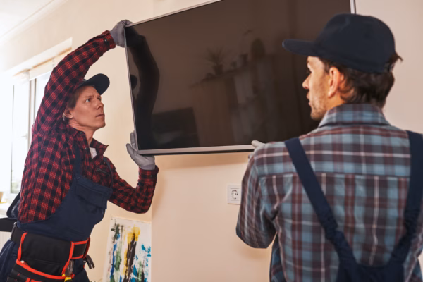 TV Mounting Service by SysPros – Professional In-Home Installation Two professional installers working together to mount a flat-screen TV on a living room wall