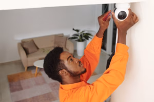 Technician installing a home security camera inside a modern living room.