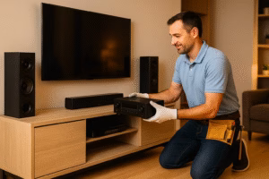 Technician installing a surround sound receiver below a wall-mounted TV in a modern home theater setup.