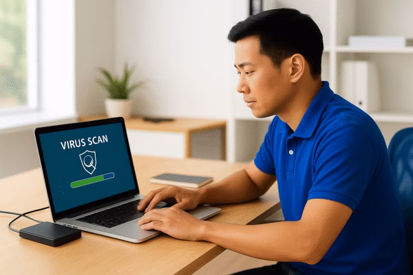 Virus Scan in Progress – Professional Malware Removal Service A computer technician performing a virus scan on a laptop in a modern workspace.