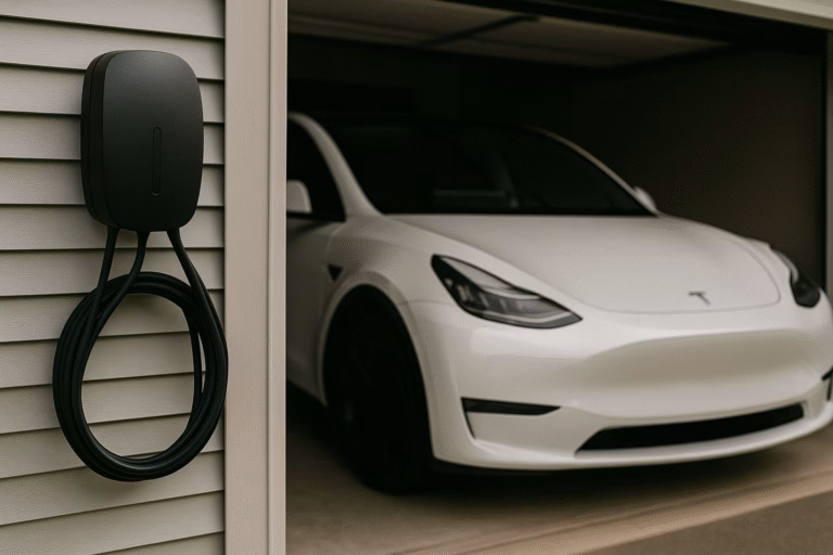 Electric vehicle charging in a home driveway using a wall-mounted Level 2 charger in daylight