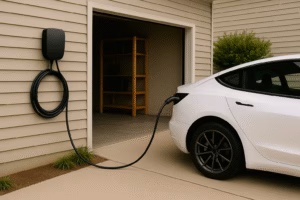 A white electric vehicle charging outside a suburban garage using a wall-mounted Level 2 EV charger.