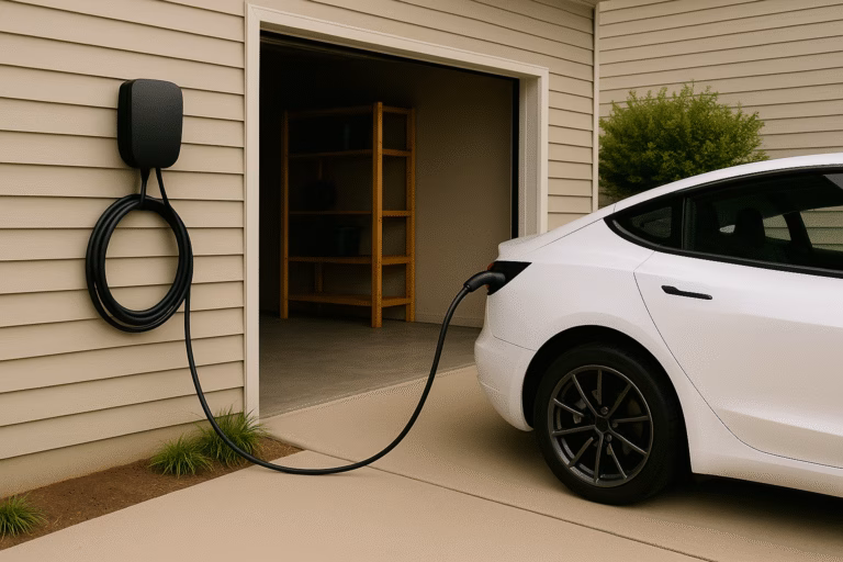 A white electric vehicle charging outside a suburban garage using a wall-mounted Level 2 EV charger.