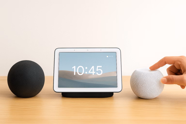 Smart home devices from Alexa, Google Home, and Apple HomeKit shown side by side on a desk