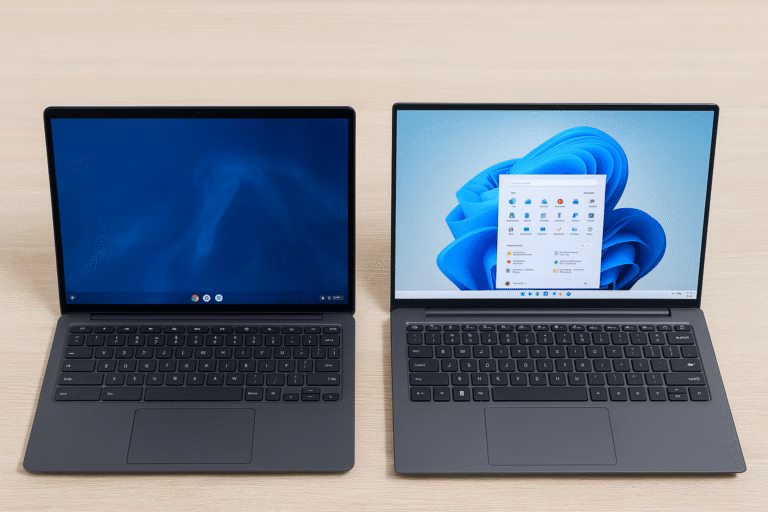 Chromebook and Windows laptop side by side on a wooden desk, showing their operating systems
