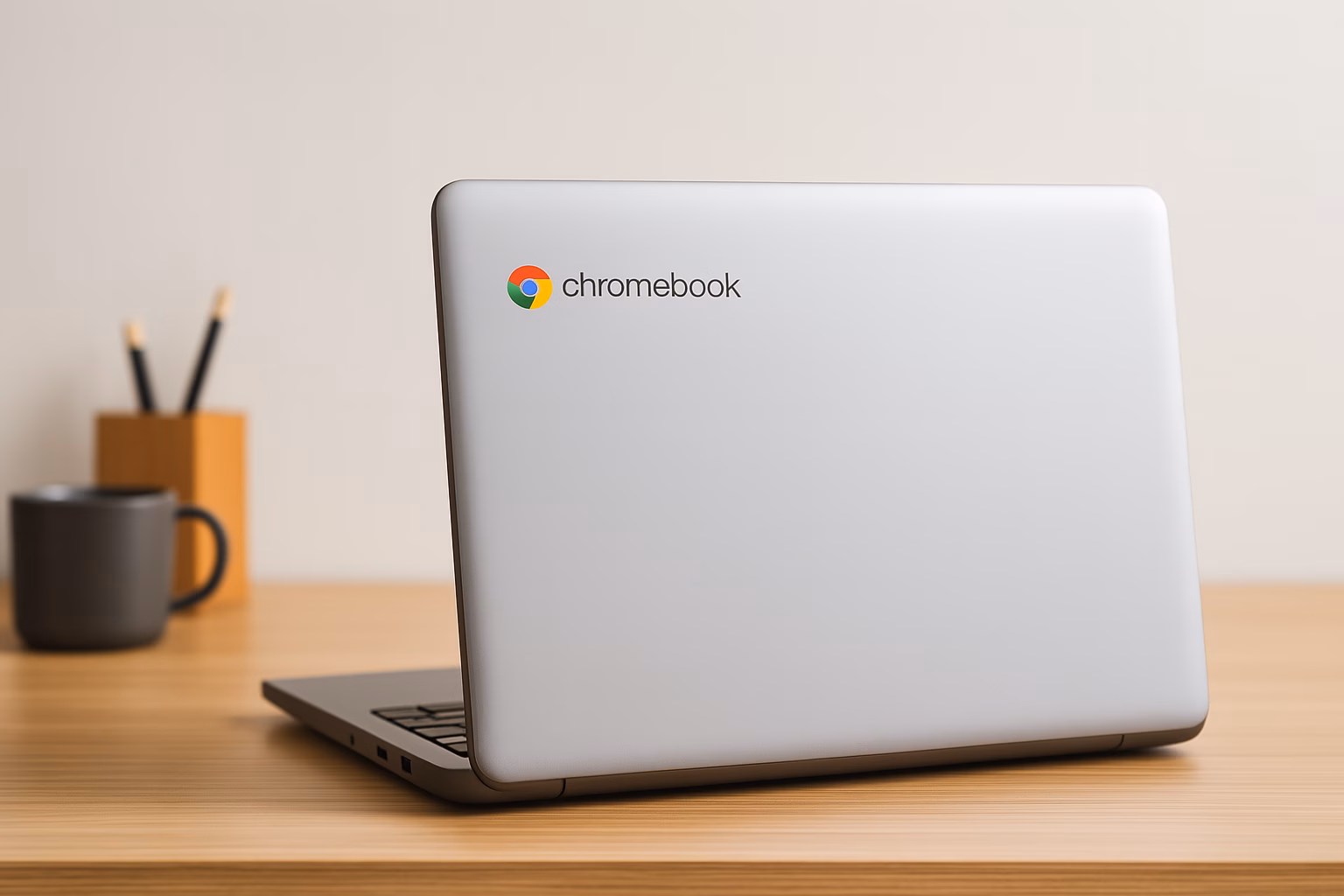 Chromebook on a desk with the lid open, showing the logo—featured image for a guide on how to check Chromebook AUE.