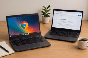 Best Chromebooks under $500 displayed on a wooden desk, with two devices side by side, showing Chrome OS screens, plus a notebook and coffee cup.
