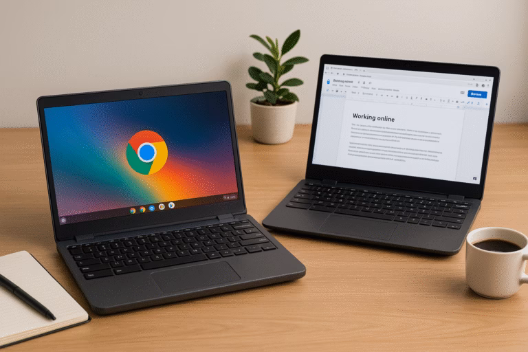 Best Chromebooks under $500 displayed on a wooden desk, with two devices side by side, showing Chrome OS screens, plus a notebook and coffee cup.