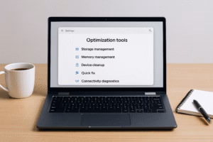 A Chromebook displaying the settings window focused on performance and optimization, with improved icons and legible text.
