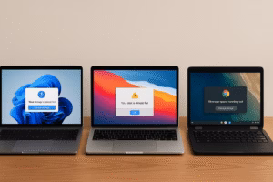 Windows, MacBook, and Chromebook laptops side by side, each showing low storage warnings, demonstrating how to free up storage space in 2025.