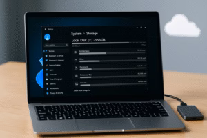 Windows 11 laptop showing the Storage Settings screen with visible category breakdowns like Installed apps and Temporary files.
