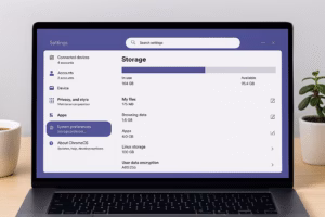 A Chromebook displaying the ChromeOS Storage Management screen with System Preferences selected, next to a coffee cup and potted plant.