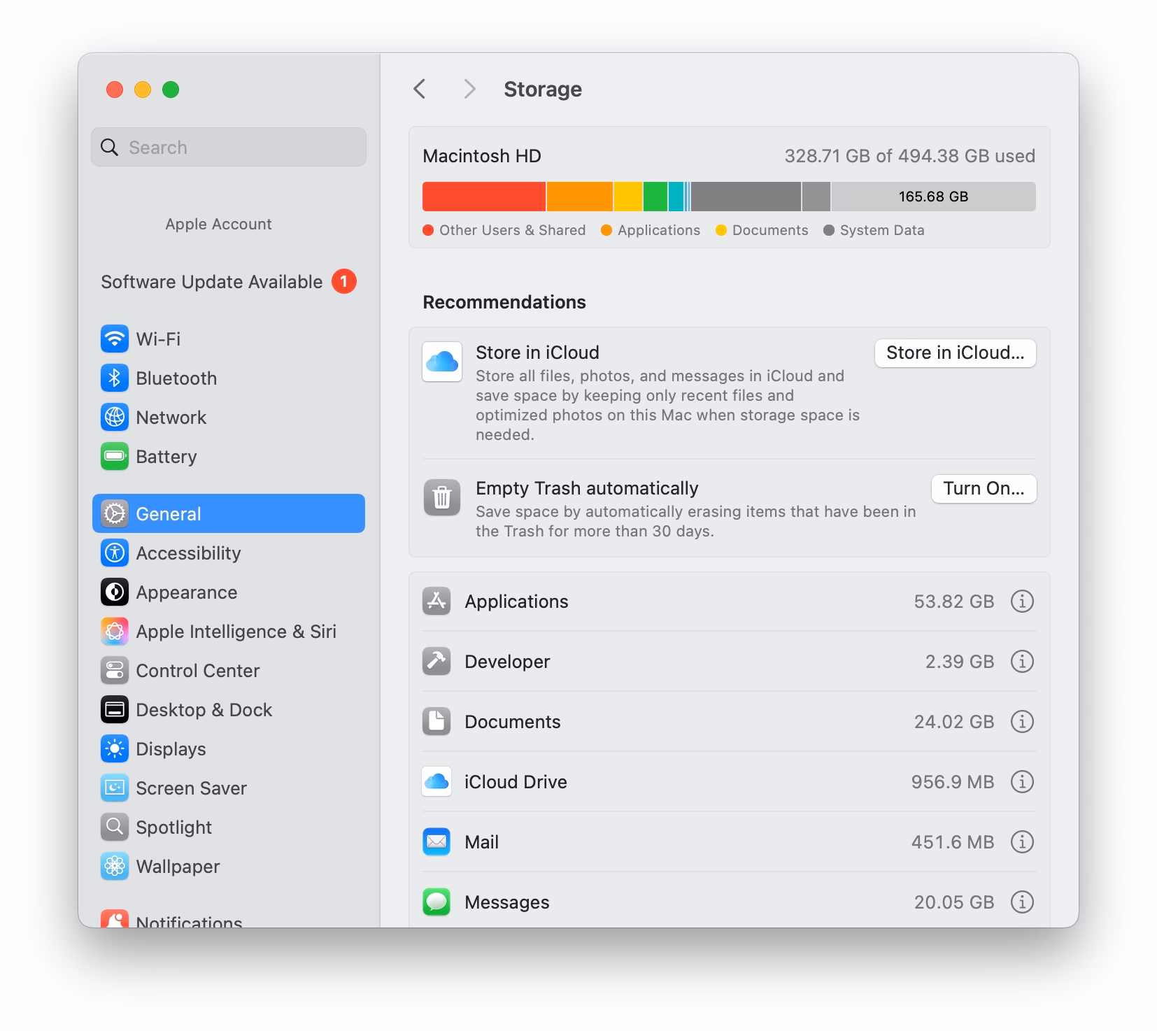 Screenshot showing how to free up storage space on Mac using macOS Sequoia System Settings.